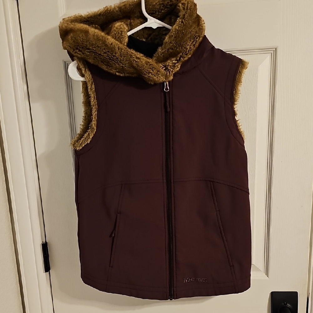 MARMOT Dark Red/Plum colored Faux Fur Hooded Vest